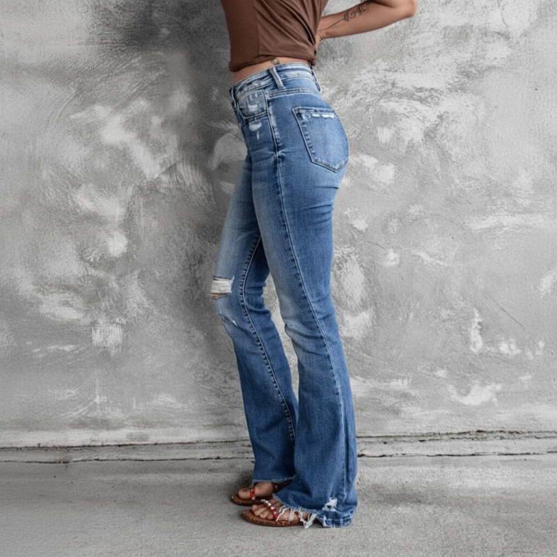 High Waist Ripped Flare Leg Denim Jeans