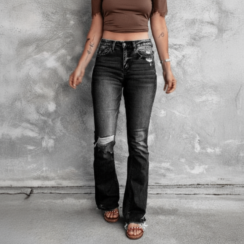 High Waist Ripped Flare Leg Denim Jeans