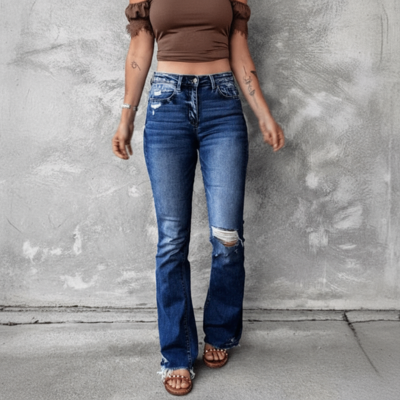 High Waist Ripped Flare Leg Denim Jeans