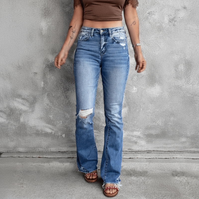 High Waist Ripped Flare Leg Denim Jeans