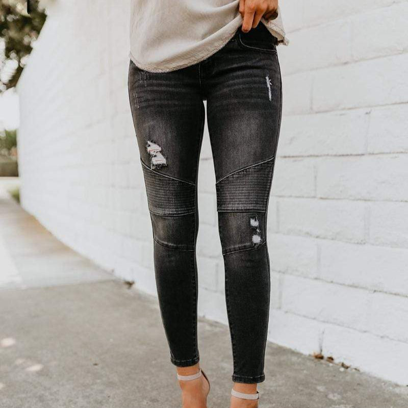 Skinny Ripped Pleated Stretch Denim Jeans