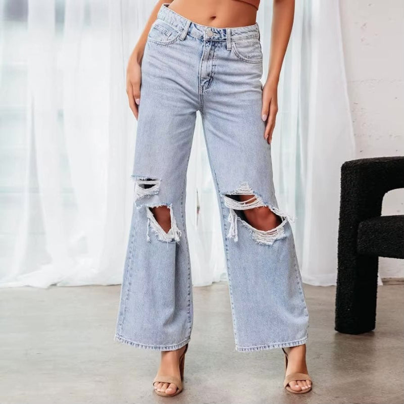 Boho High Waist Ripped Wide Leg Jeans